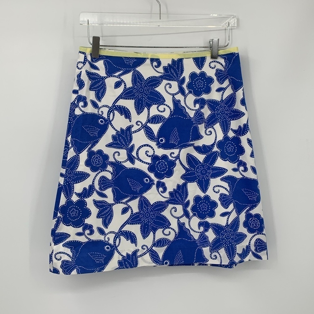 Lilly Pulitzer a-line cotton skirt Sea World blue white fish floral label 4